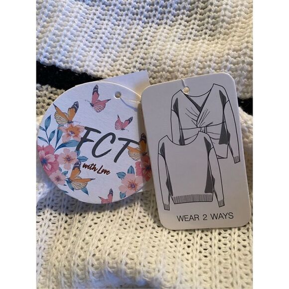 FULL CIRCLE TRENDS 1X 2-WAY WHITE/Black Stripe LONG SLEEVE SWEATER - Picture 4 of 10